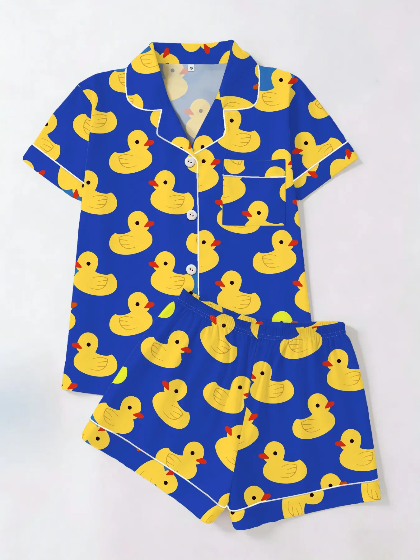 Dopamine Cute Yellow Duck Print Women's Short Sleeve Cardigan & Shorts Pajamas Set, Spring Summer Suitable, Klein Blue, Fun Retro Style Cozy Loungewear for Home Daily & Dog Walking, Pjs Pyjamas