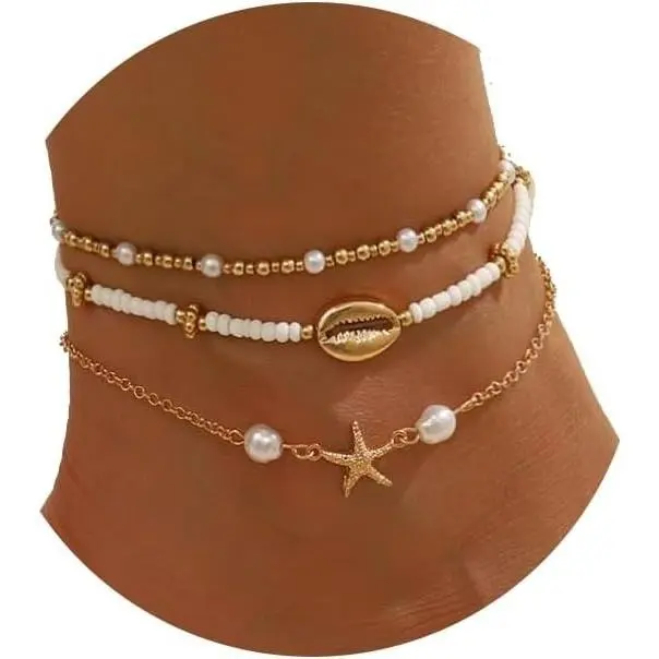 Layered Boho Seashell Ankle Bracelets for Women Starfish Puka Shell Cowrie Shell Anklet Hawaiian Summer Beach Foot Chain JewelryGift