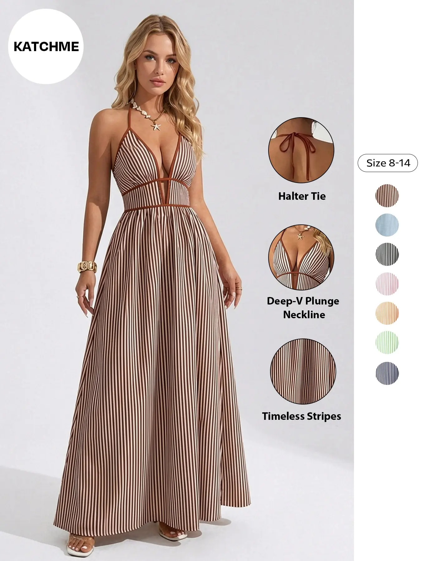 Women's Elegant Pinstripe Deep V Neckline Adjustable Halter Sleeveless Maxi Dress, Summer Lightweight Dresses for Beach Holiday, Comfort Women's Clothing#TikTokMadeMeBuyIt #CleanGirl