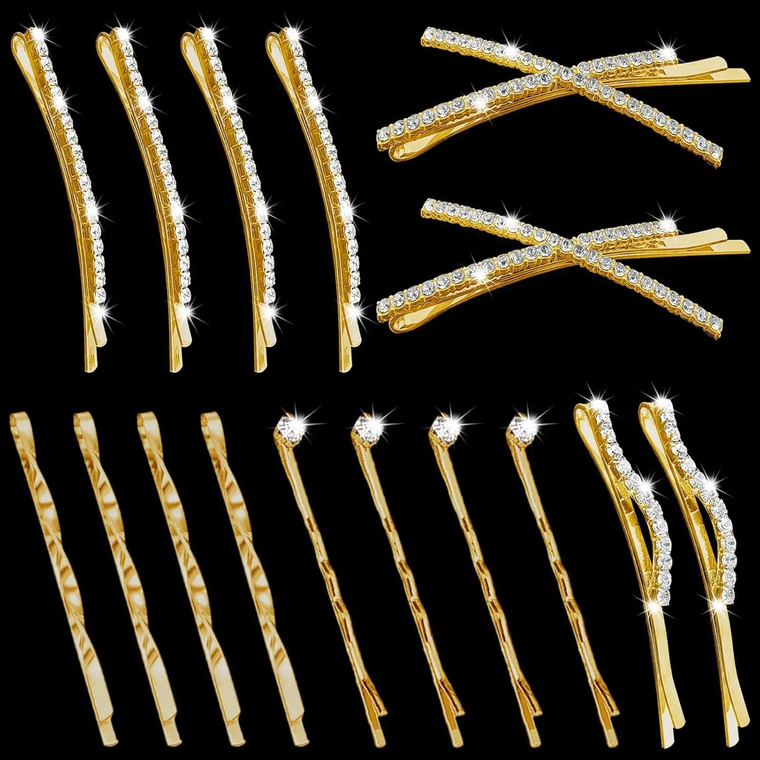 Women's 16-Piece Gold Rhinestone Bobby Pins Set - Delicate Decorative Fancy Crystal Hair Clips, Shiny Metal Barrettes with I-S-X Shaped Diamond Hair Accessories for Wedding Prom, Party, Shiny Fancy, Barrette Pins