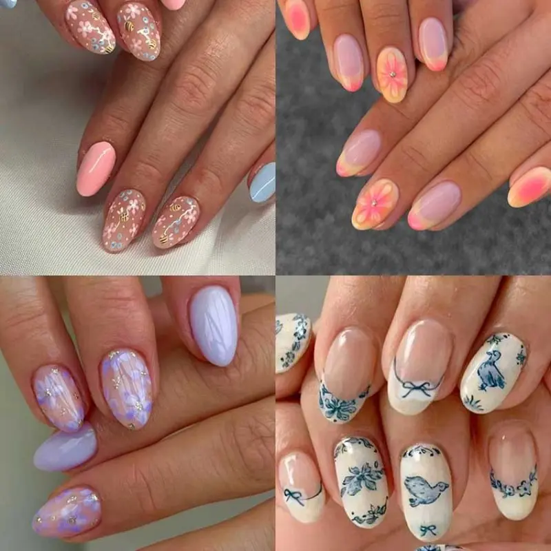96pcs Short Oval 3D Gel Nails, Floral Design Press-On Nails, Bee Pattern, Easy to Wear, Perfect for Parties, Dance, Daily Use