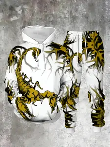 Men's Scorpion Print Hoodie & Sweatpants Set, Sporty Polyester Fabric, Fall Winter Casual Wear, 2 Piece, Casual Matching Sets, Long Sleeve