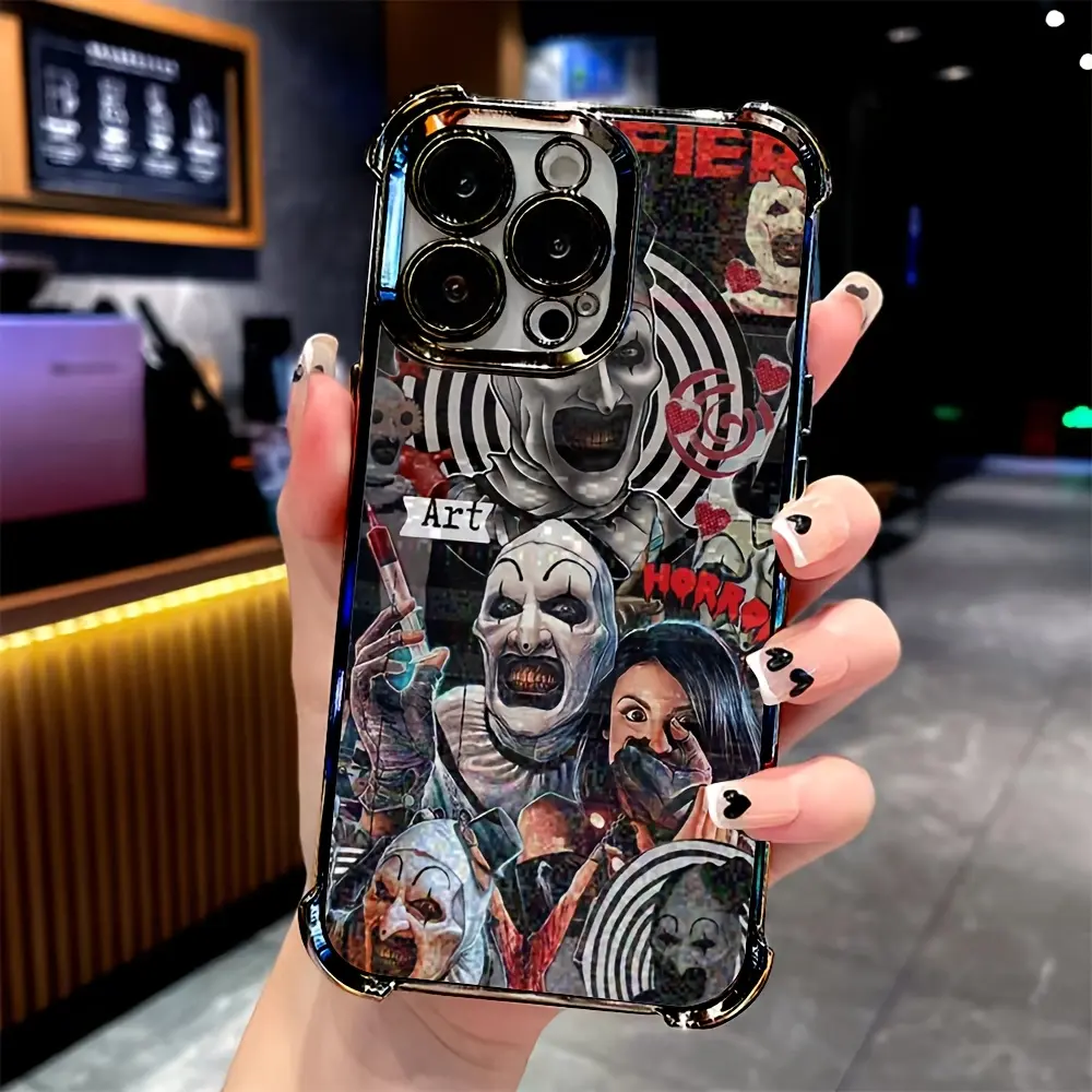 Classic Horror movie T-Terrifier Phone Case For iPhone 17/16/15/14/13/12/11/Pro/ProMax/Plus/Air/Xsmax, Samsung S26/S25/S24/S23/S22/Plus/Ultra/Fe/Edge, Four-corner airbag electroplated anti-drop soft Case, superior quality, Creative Design Halloween Gift