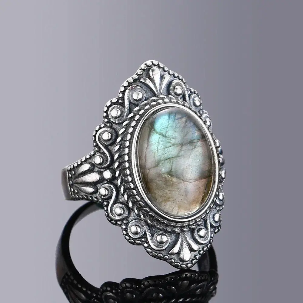 925 Sterling Silver Ring for Women, Retro Sun-Shaped Design with Oval Natural Labradorite, Fine Jewelry for Casual Wear, Multi-Size, Natural Stone, Manual Measurement, 10*12Mm, 8*10Mm