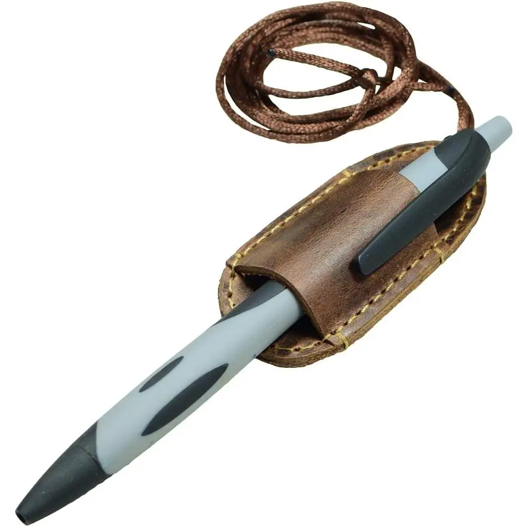 Full Grain Leather Lanyard Pen Holder with Strap, Office Desk Organizer Accessories for Bookworms, Brown