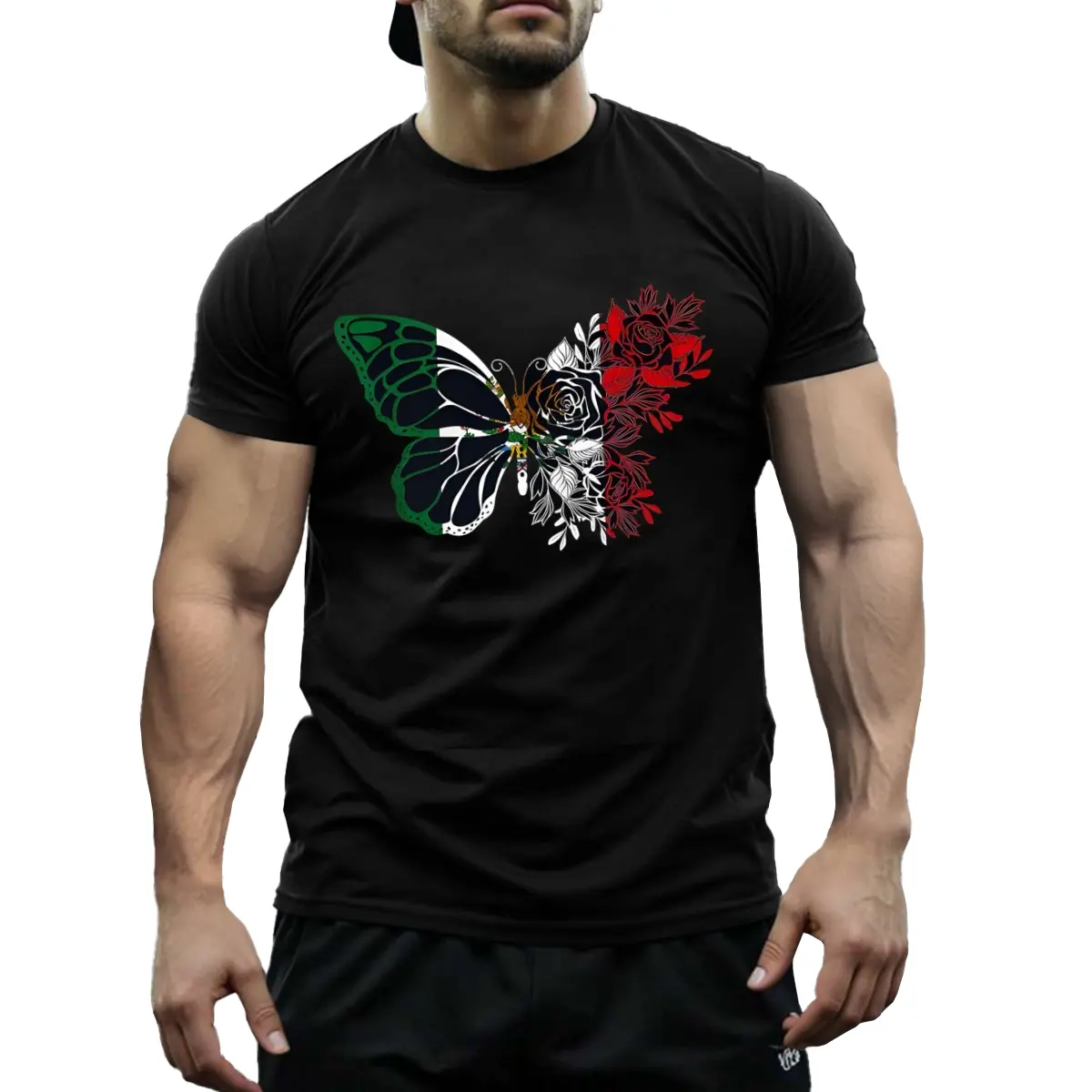 Mexican Flag Butterfly Graphic Tee with Bold Patriotic Art Print, Vibrant Independence Day Design Celebrating Hispanic Heritage and Cultural Pride, Black Cotton Casual Top for Everyday Streetwear and Fiesta Looks,ropa,fitness,womens,basic,tees