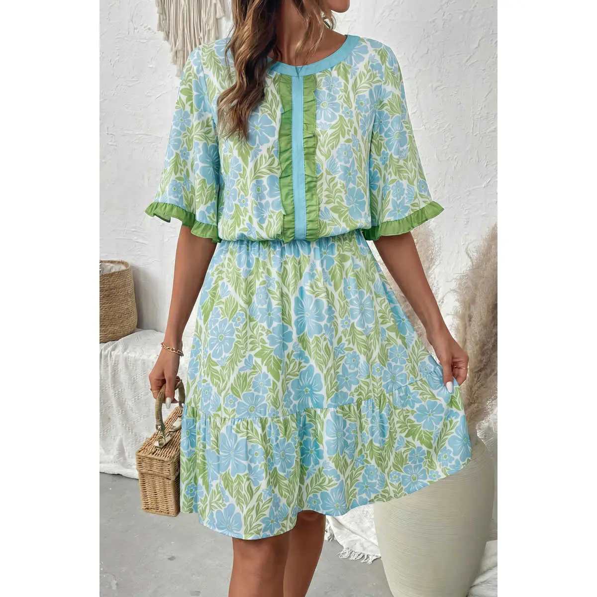 Sky Blue Floral Print High Waist Ruffle Short Sleeve Mini Dress
