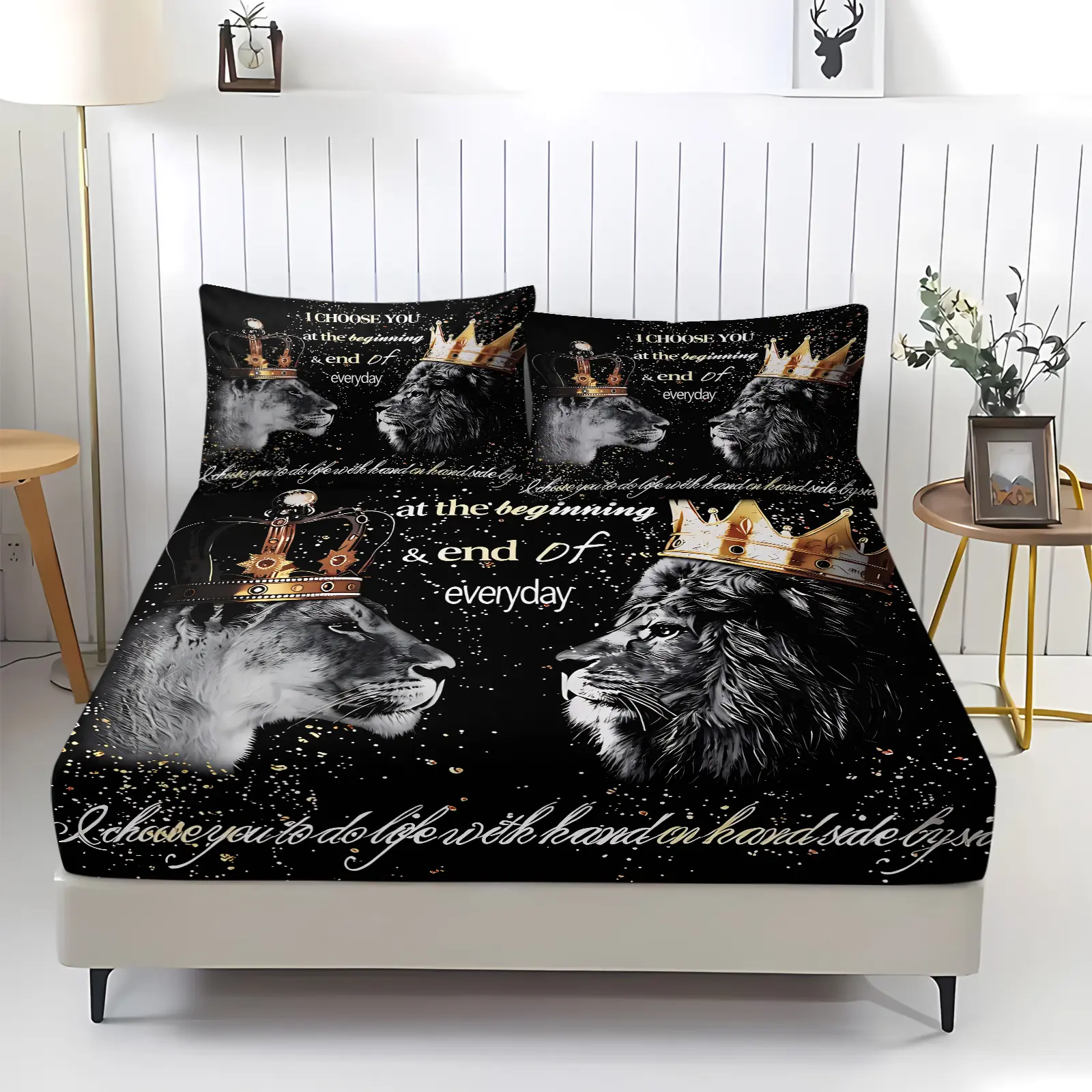 Lion King & Queen Fitted Sheet Set With 2 Pillowcases, Romantic Lion Couple & Love Vows Printed On Sheet And Shams, Warm "Together For Life" Couple Vibe, Soft Breathable High-Elastic Non-Slip, Heartfelt Home Bedding For Couples & Spouses