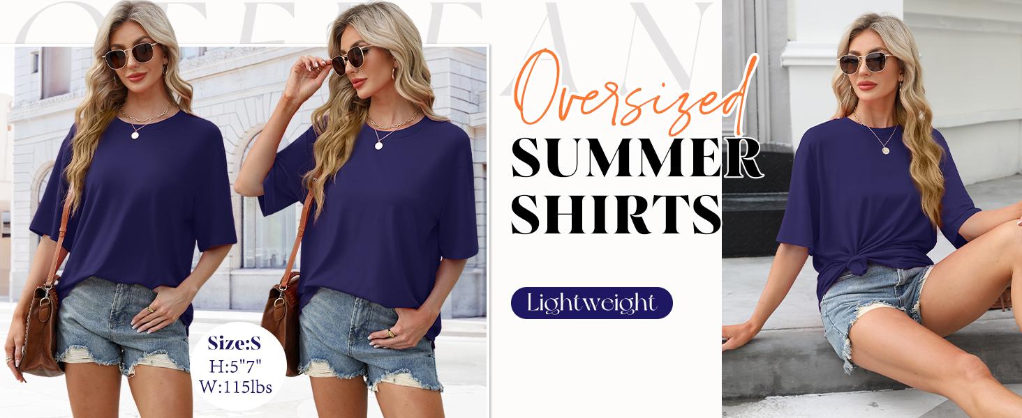 OFEEFAN Summer Tops for Women 2025 Short Sleeve Shirts Dressy Casual Crew Neck Tshirts Fashion Oversized Oversized Womenswear Crewneck SpringStatements
