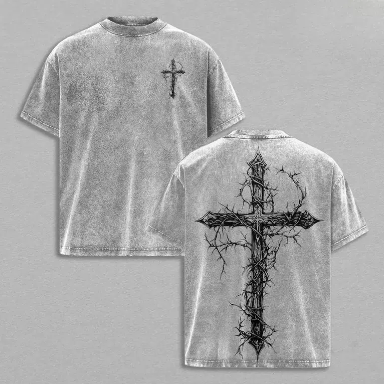 Men's Seamless Oversized Washed Gothic Cotton Print Top - Round Neck Thorn Cross Jesus Themed Unisex Menswear Apparel, Breathable Classic Fabric Shirt for Church, Gym