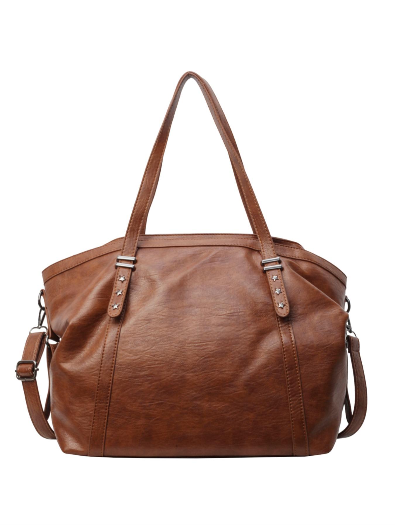 Women's Elegant Solid Color Tote Bag, Fashionable Large Capacity Star Detail Shoulder Bag for Daily Used, Casual Trendy Versatile Commuter Messenger Bag, Pu Tote Satchel