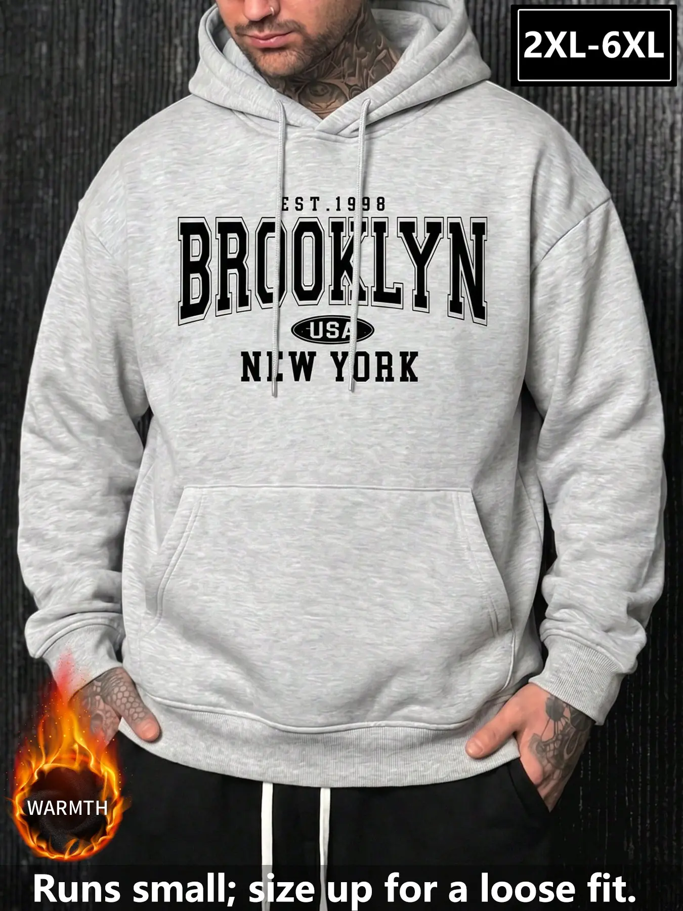 Large Size Men's Brooklyn Print Fleece Lined Hoodie, 2xl-6xl, Loose Fit, Warm and Comfortable, Casual Street Style, Fall & Winter