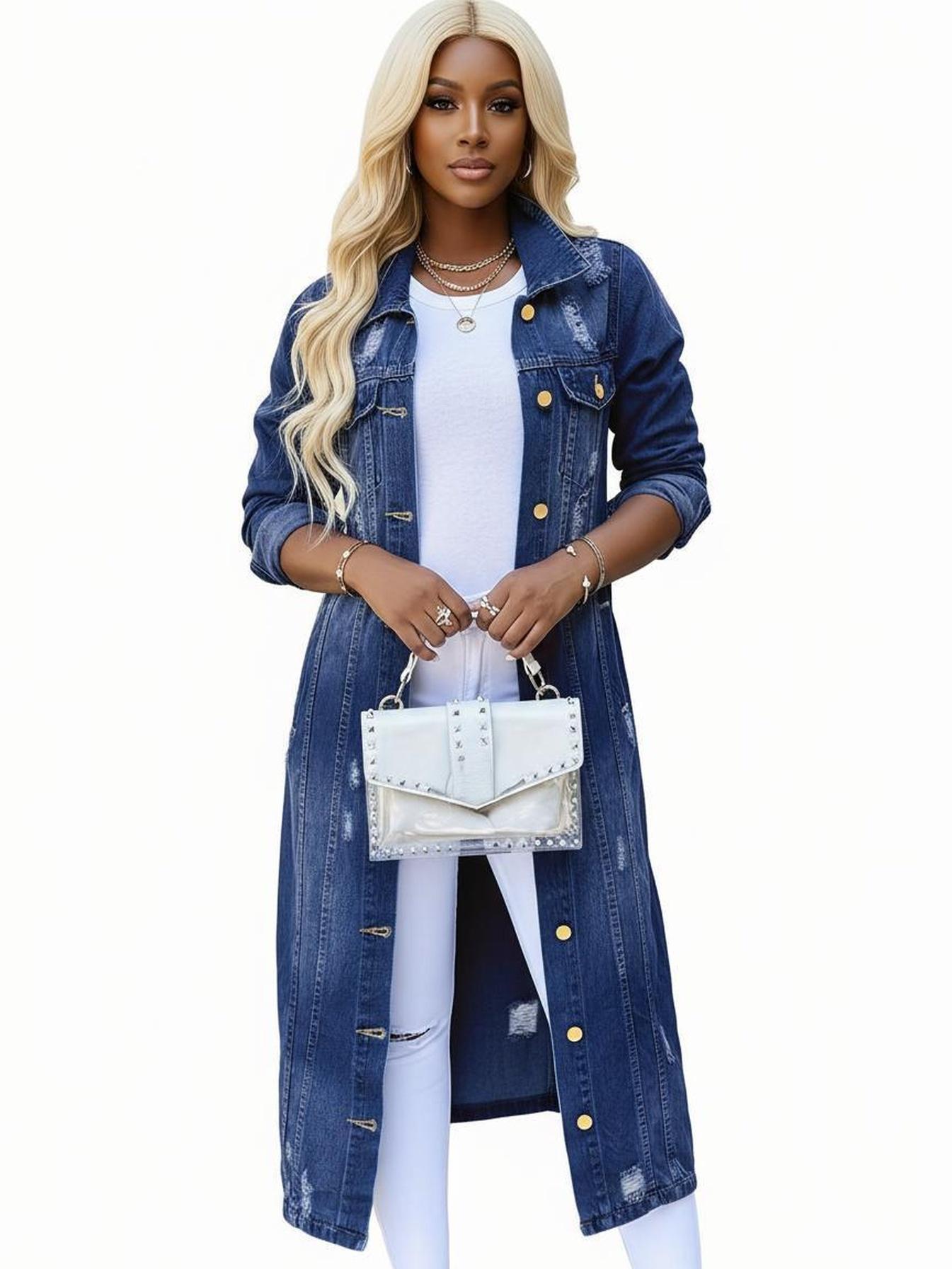 Women's Long Distressed Denim Duster Jacket Button Front Ripped Jean Coat with Pockets