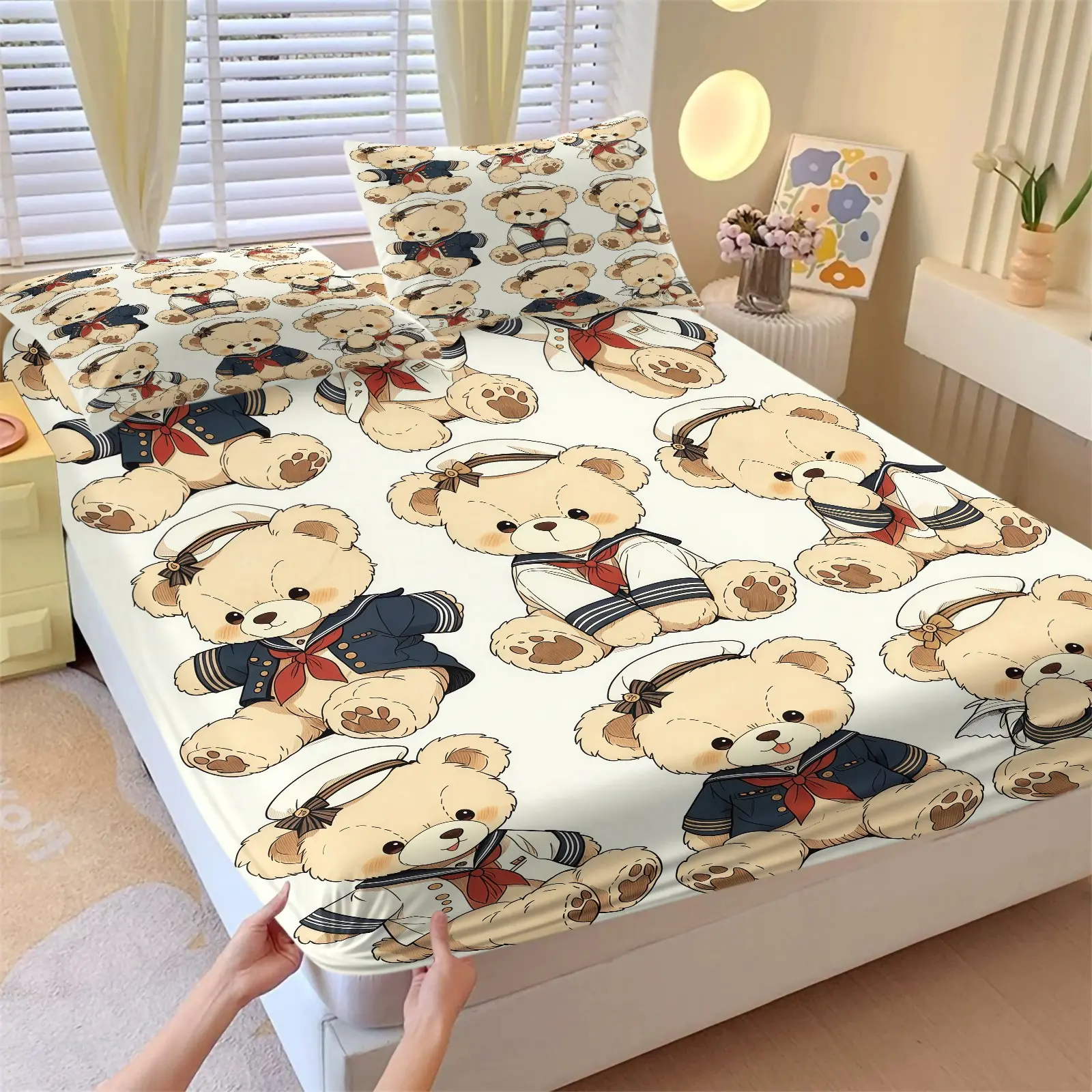 3-Piece Bear Pattern Fitted Sheet Set, Including 1 Flat Sheet And 2 Pillowcases, Soft And Comfortable Bedding, Non-Slip Dust Cover, Suitable For Bedroom And Guest Room