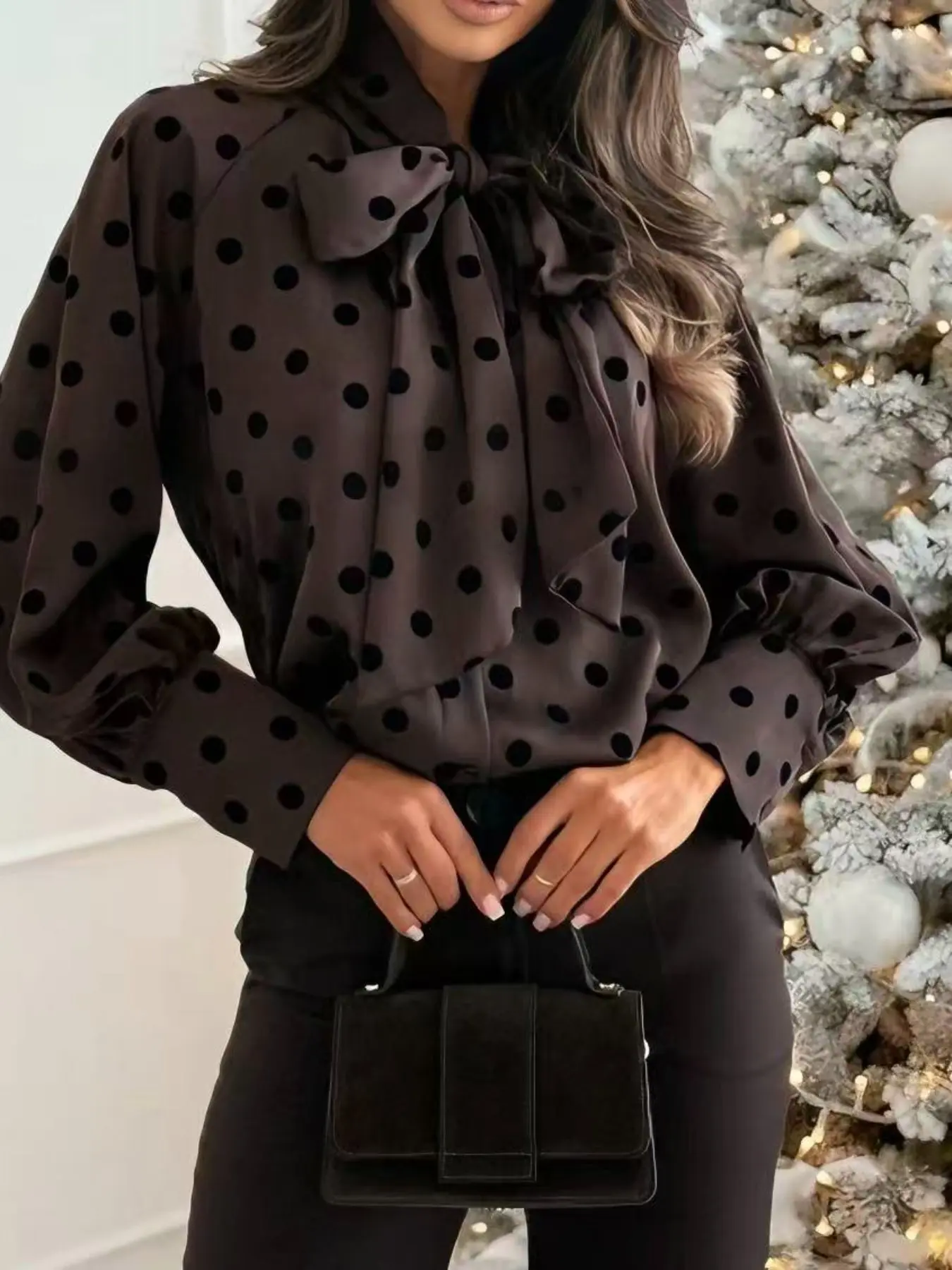 Women's French Vintage Polka Dot Tie Butterfly Bubble Sleeve Shirt Blouse, Chic Elegant Casual Long Sleeve Stand Collar Dot Shirt, Daily Wear, Office, Party, Date