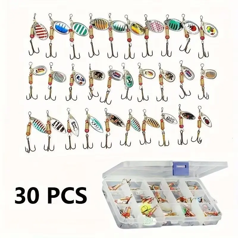 30pcs Metal Spinners Fishing Lures Set, Ideal for Sea Trout Pike Perch Salmon Bass, Versatile Tackle Box with Essential Gear