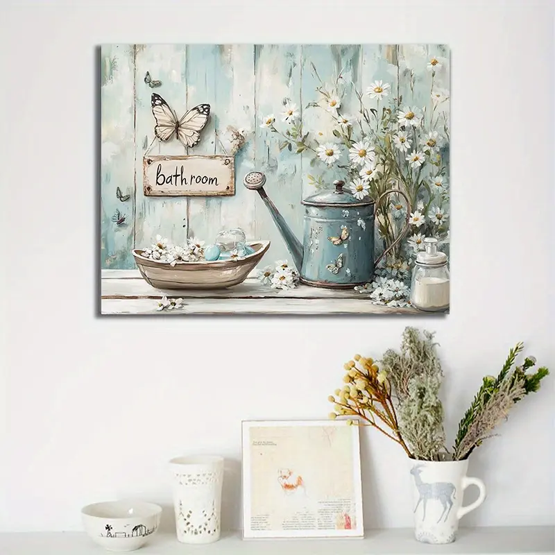 Greenish-Blue Bathroom Scene Featuring Flowers And Butterflies Canvas Wall Art - Framed, Ready To Hang - For Bathroom Bedroom - Perfect Gift For Housewarming Her Halloween - Wall Decor, Home Decoration
