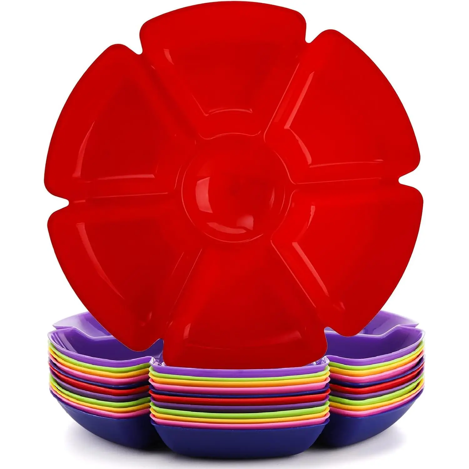 12 Pcs Plastic Snack Serving Tray, 12 Inch Unbreakable Chip and Dip Divided Serving Plates, Round 7 Compartments Multifunctional Food Platter for Snack, Nuts, Candy, Dried Fruit, Veggies