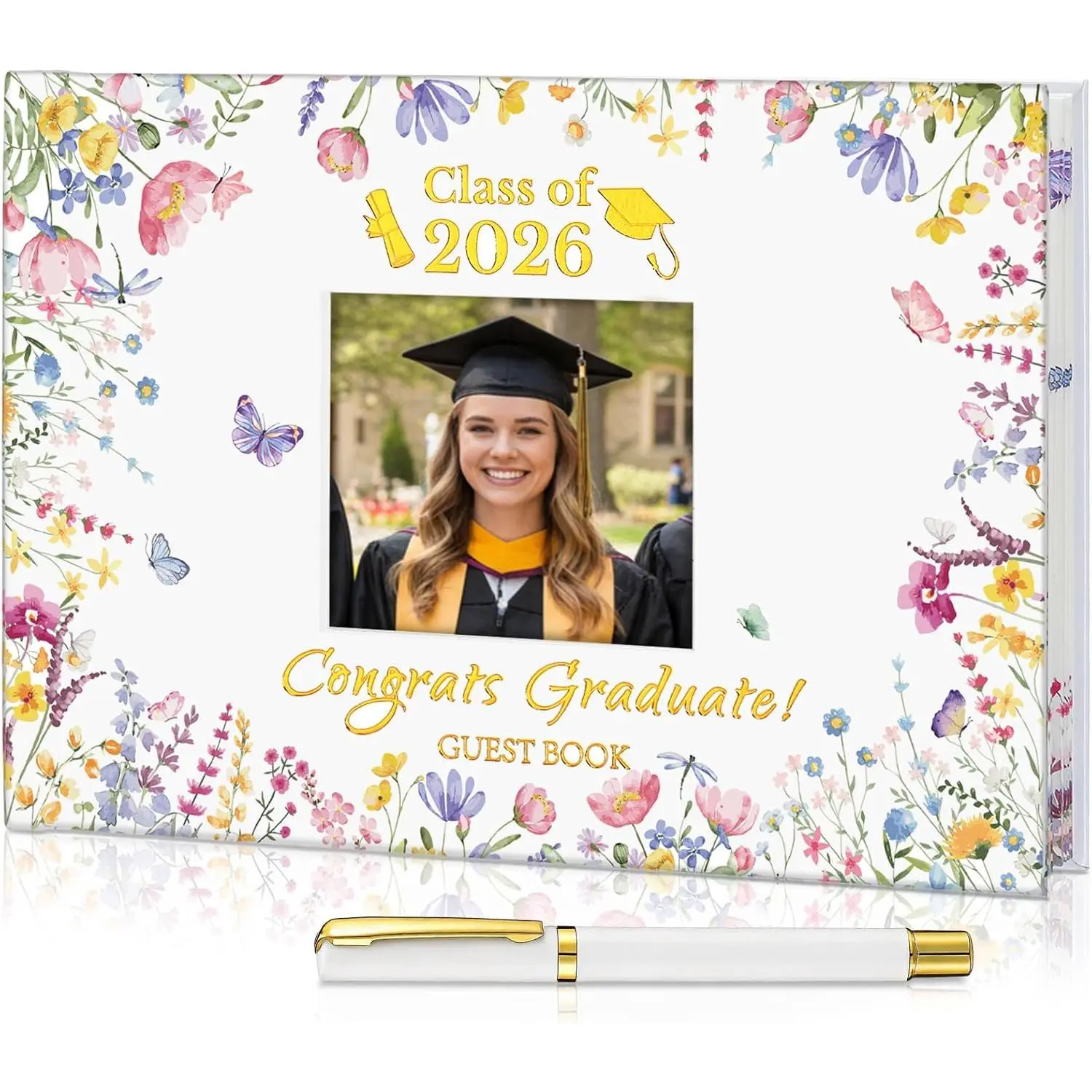 Gueevin 2026 Graduation Guest Book, Floral Print Rectangular 6x8'' A5 Graduation Party Decor Sign-in Book with 72 Colorful Sheets (144 Paper Pages) & Pen for Memory Wish Souvenirs Scrapbook