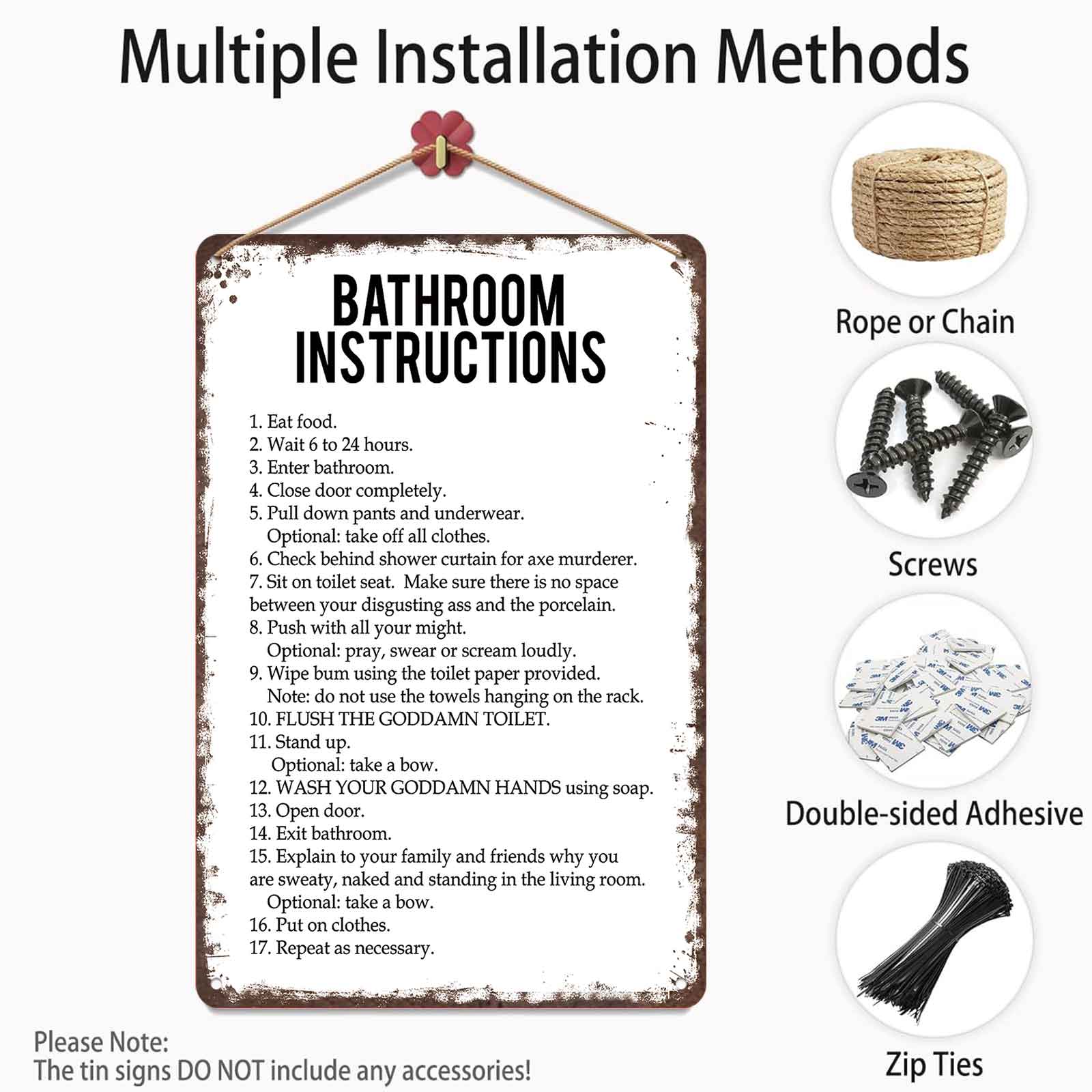 8x12 Inch Aluminum Metal Sign - Hilarious "Bathroom Instructions" Funny Toilet Wall Art |   Perfect for Home Bathroom, Guest Restroom, Man Cave, Bar, Dorm, and Apartment Decor |   Retro Rustic Tin Plaque, Easy to Hang, Great Gag Gift for Housewarming & Wh