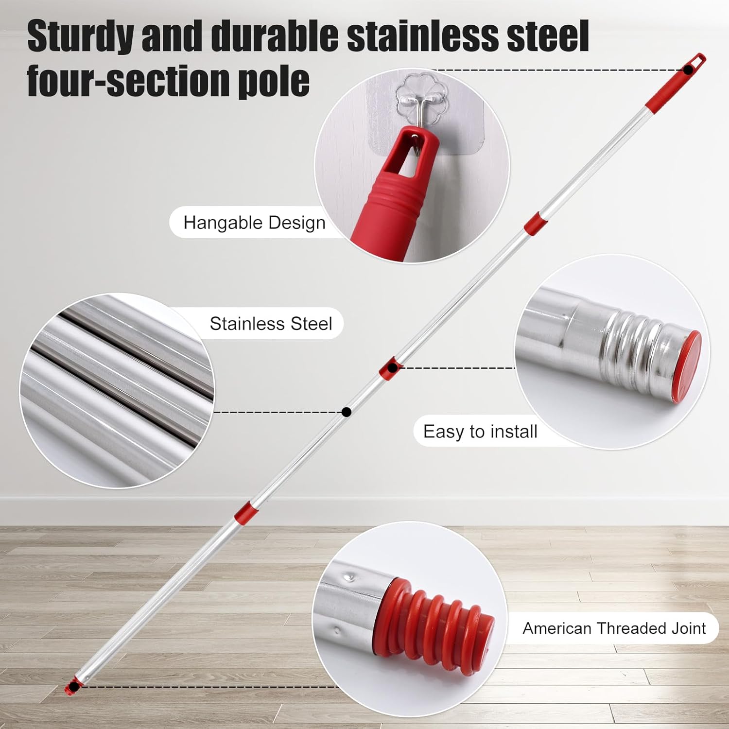 Spin Mop Replacement Handle, 2 Pack Mop &Base Scrub Brush 4-Section 30-to-58 inch Mop Replacement Stick Compatible with Ocedar Mop Handle for Easy Wring Mop Refills