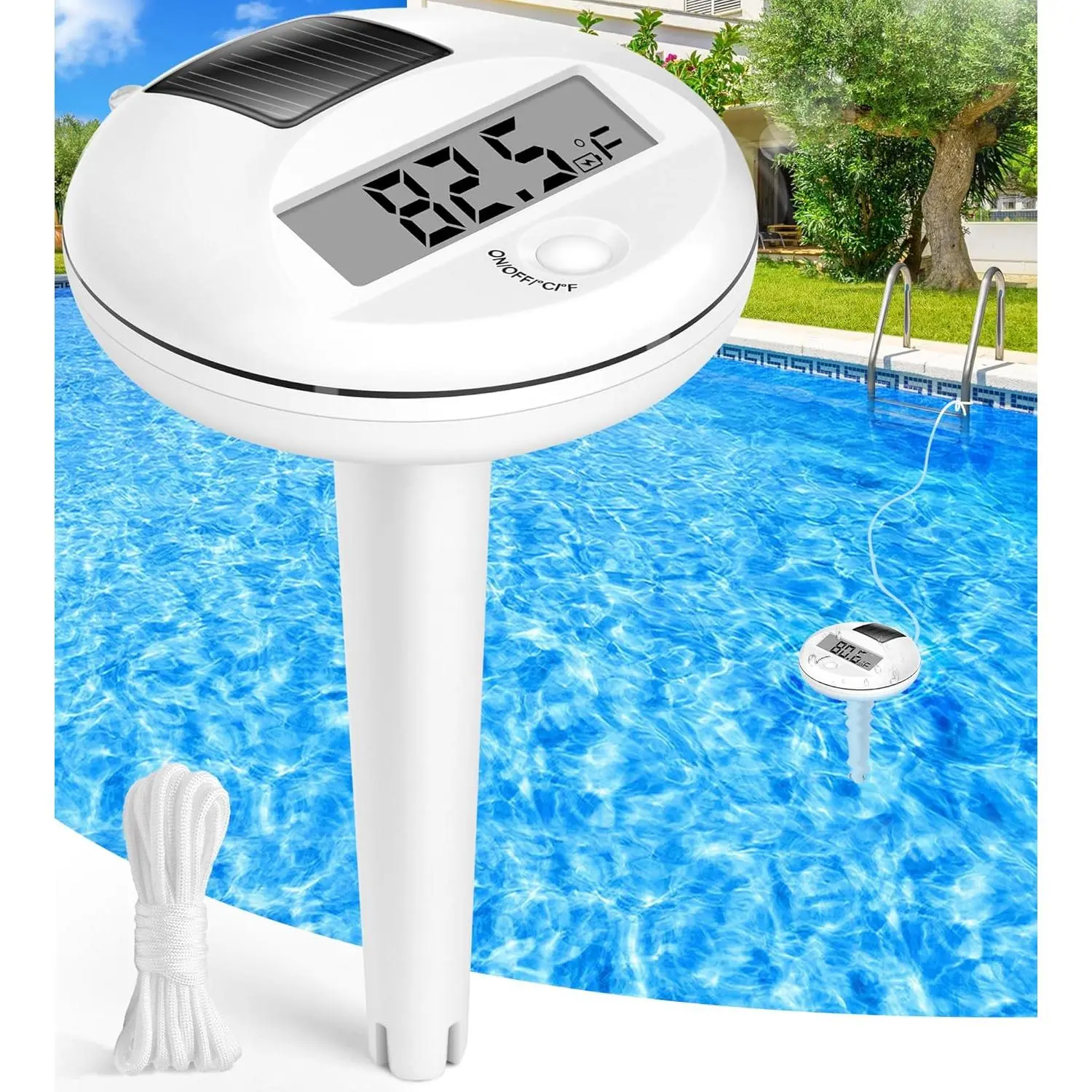 2025 Pool Thermometer with Rope| Big Number LCD Display Floating Pool Thermometer for| High, IP68 Waterproof| Pools Temperature Gauge for Hot Tub, Spa