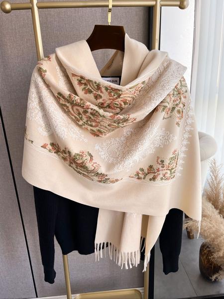 Boho Style Plant Embroidery Double Sided Scarf, Casual Soft Warm Fringe Trim Floral Embroidered Shawl for Women & Men, Fashion Accessories for Daily Wear