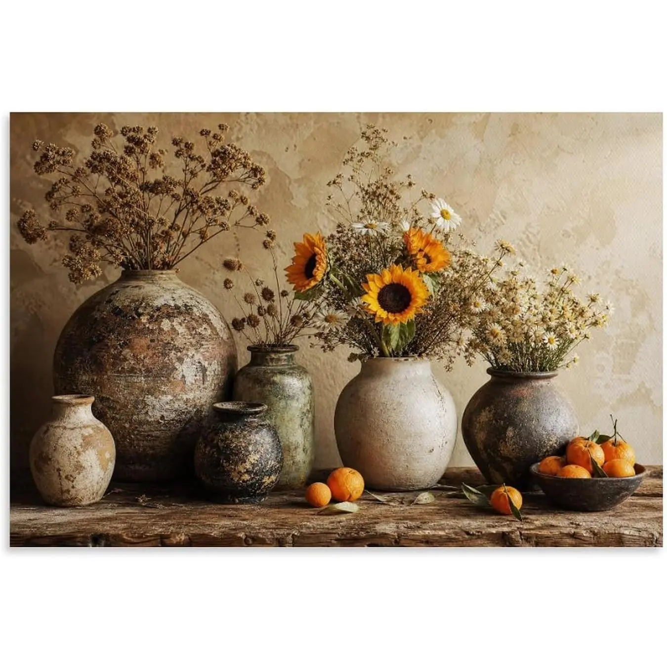Neutral Rustic Vintage Clay Vases, Sunflower-Daisy Floral Still Life Canvas Wall Art Poster, Pine Wood Nature-Theme Artwork for Kitchen Farmhouse Wall Decor