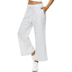 Womens Linen Capri Pants Wide Leg High Waisted Drawstring Casual Cropped Pants with Pockets