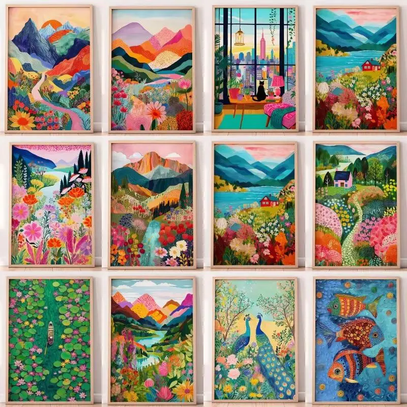 Pre-Framed Dopamine Decor Paint by Numbers Kit for Adults, 16x20in (40x50cm) Stretched Canvas, Whimsical Mountain Flower Field Landscape DIY Acrylic Oil Painting Supplies, Home Decor Crafts Gift