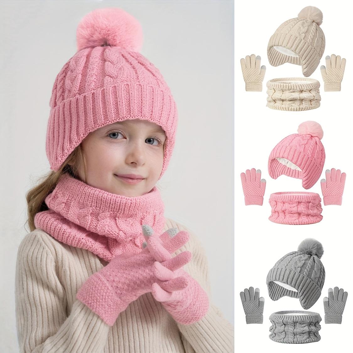3pcs Winter Warm Hat, Gloves & Scarf Set - Soft Stretchable -like Ear Protection Outfit with Pink Bow-like Pom-Poms, Beige//Gray Color Options for Boys & Girls (Ages 3-8) - Hand Washable Cold Weather