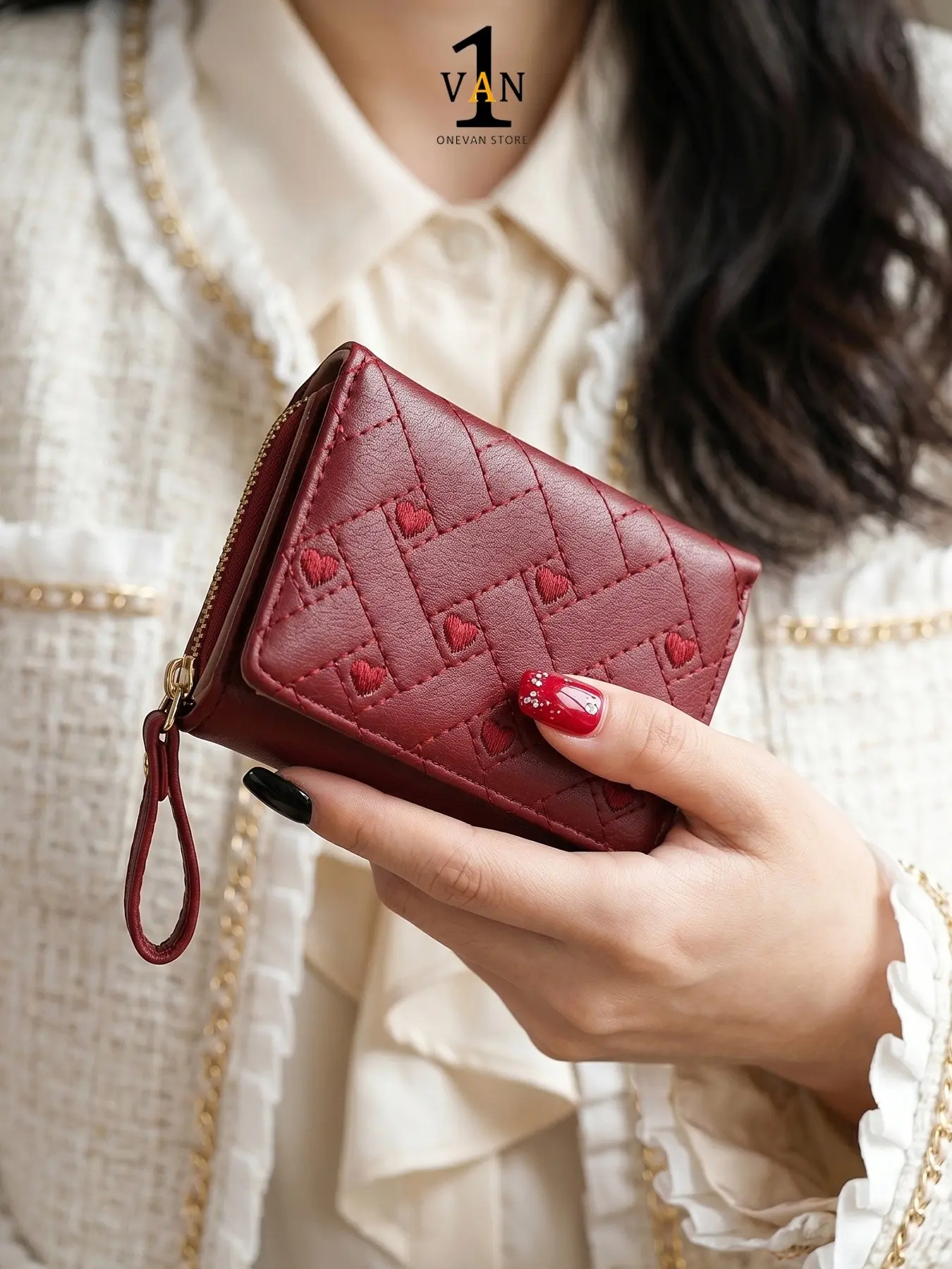 Women's Short PU Leather Wallet with Zipper, Handbag, Zipper Coin Purse, Buckle Card Holder, Multi-Card Slots, Fashionable Simple Heart Design, Bifold Wallets