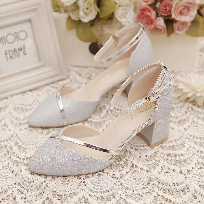 Spring Women Korean Style One Strap Closed Toe Sandals Chunky High Heels Pointed Toe Hollow Design Comfortable Feet