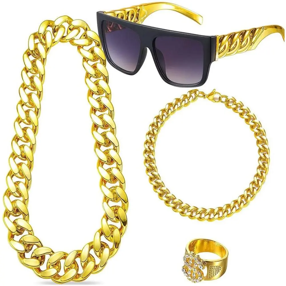 6 Pack 80s 90s   Costume Outfit Kit Bucket Hat   Chain Sunglasses Dollar Sign Finger Ring Earring Hoop