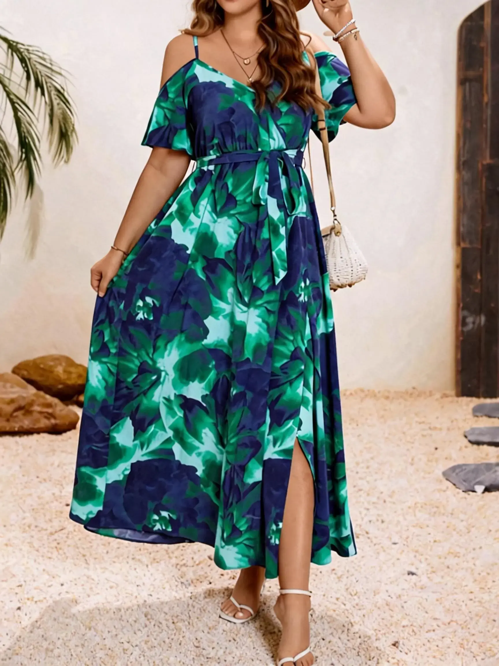 【Plus Size】 All Over Print Cold Shoulder Dress, Boho Short Sleeve Dress for Beach Holiday Vacation, Women's Clothes for Summer, Boho Style Dresses