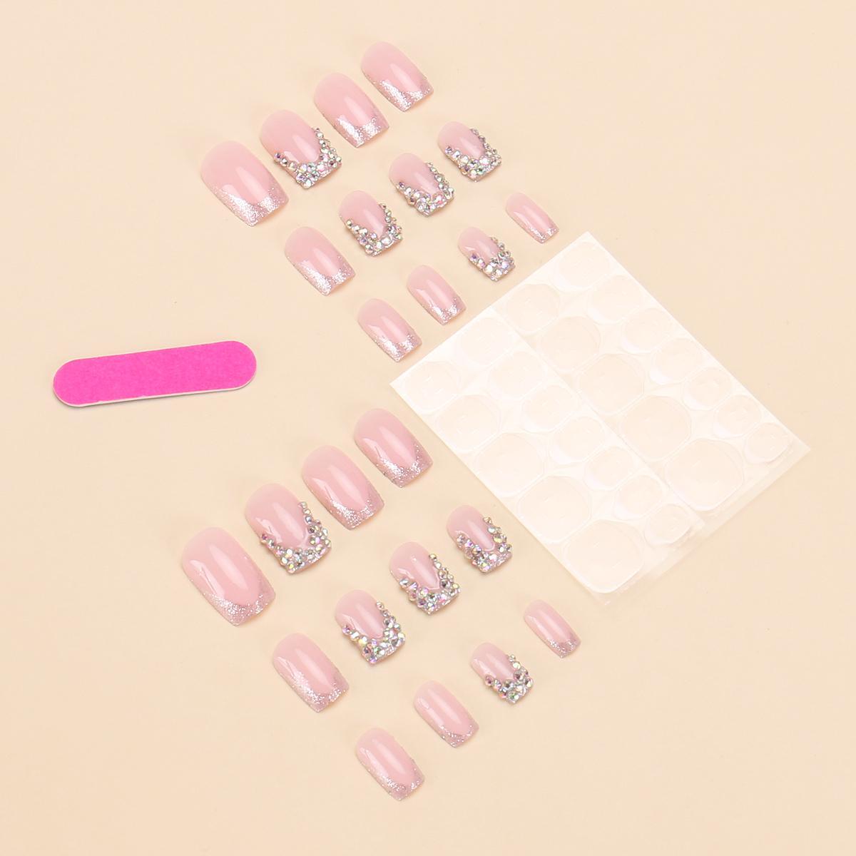 Rhinestone Decor Fake Nails with Nail File & Tape, 24pcs Short Square False Nails for Women & Girls DIY Nail Art, Effortless Press on Nails, Nail Supplies, Christmas, Christmas Gift