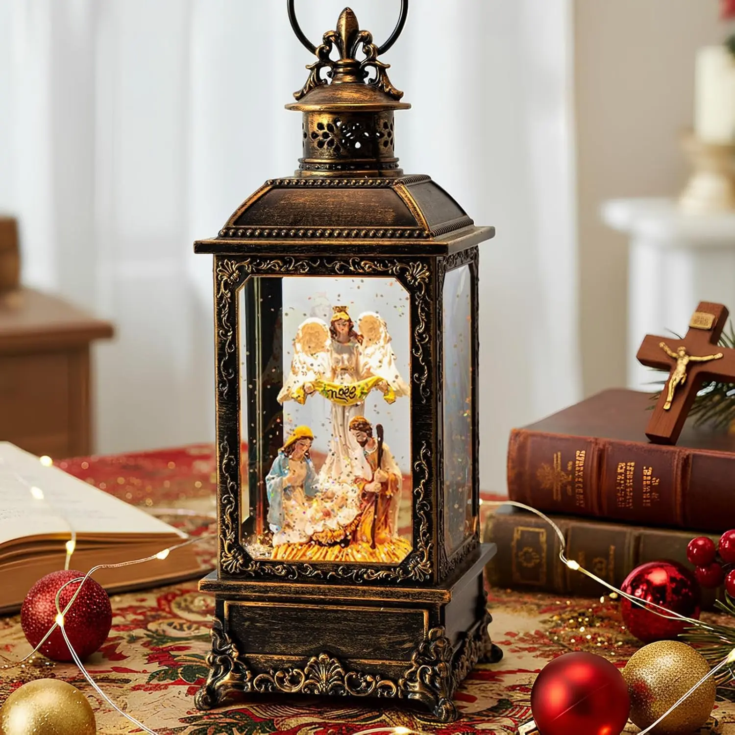Christmas Musical Snow Globe with Swirling Glittering Angel & Nativity Scene, USB & Battery Operated Lighted Water Lantern for Christmas Festival Decoration Gifts