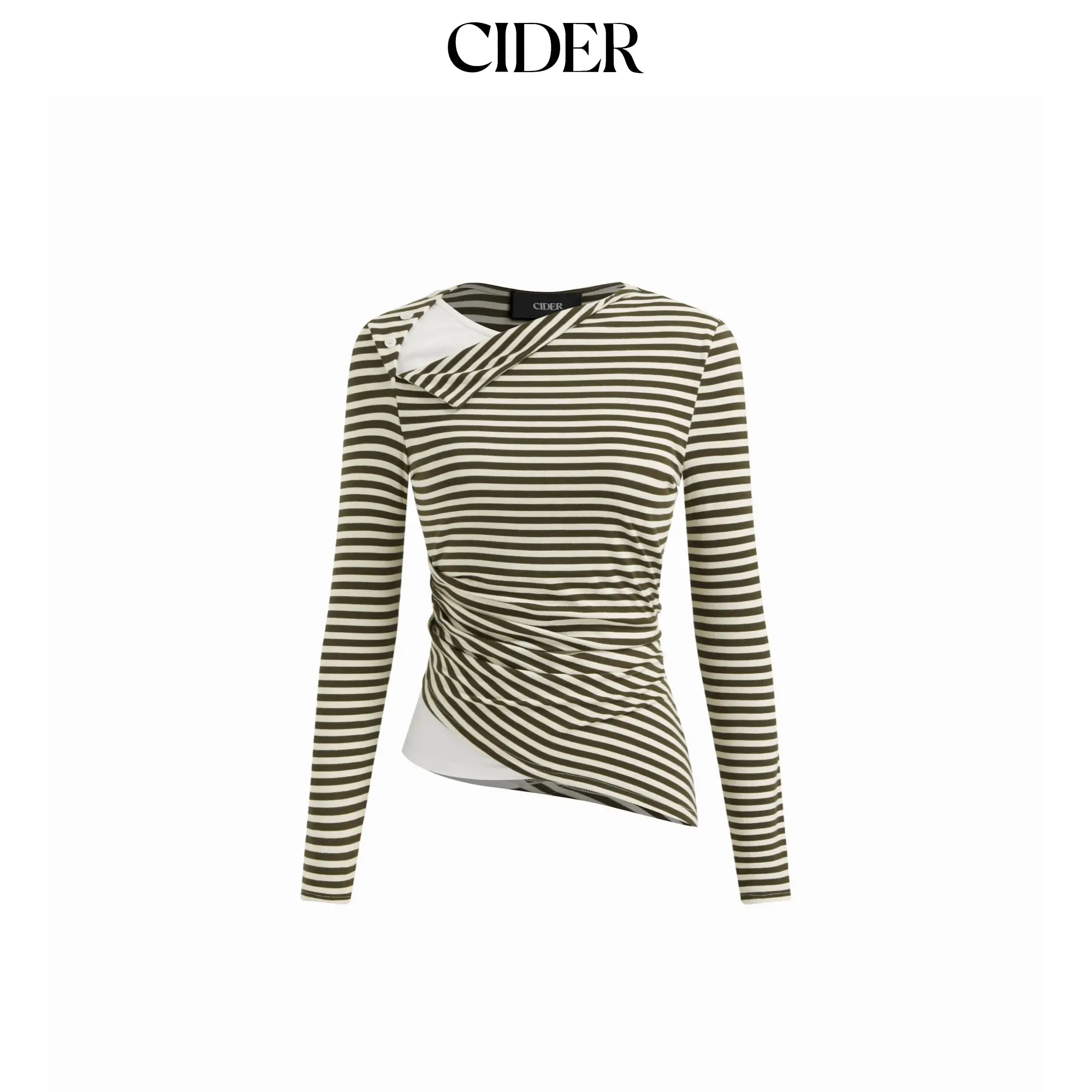 Cider Stripe Asymmetrical Neckline Long Sleeve Ruched Tee SummerFinds