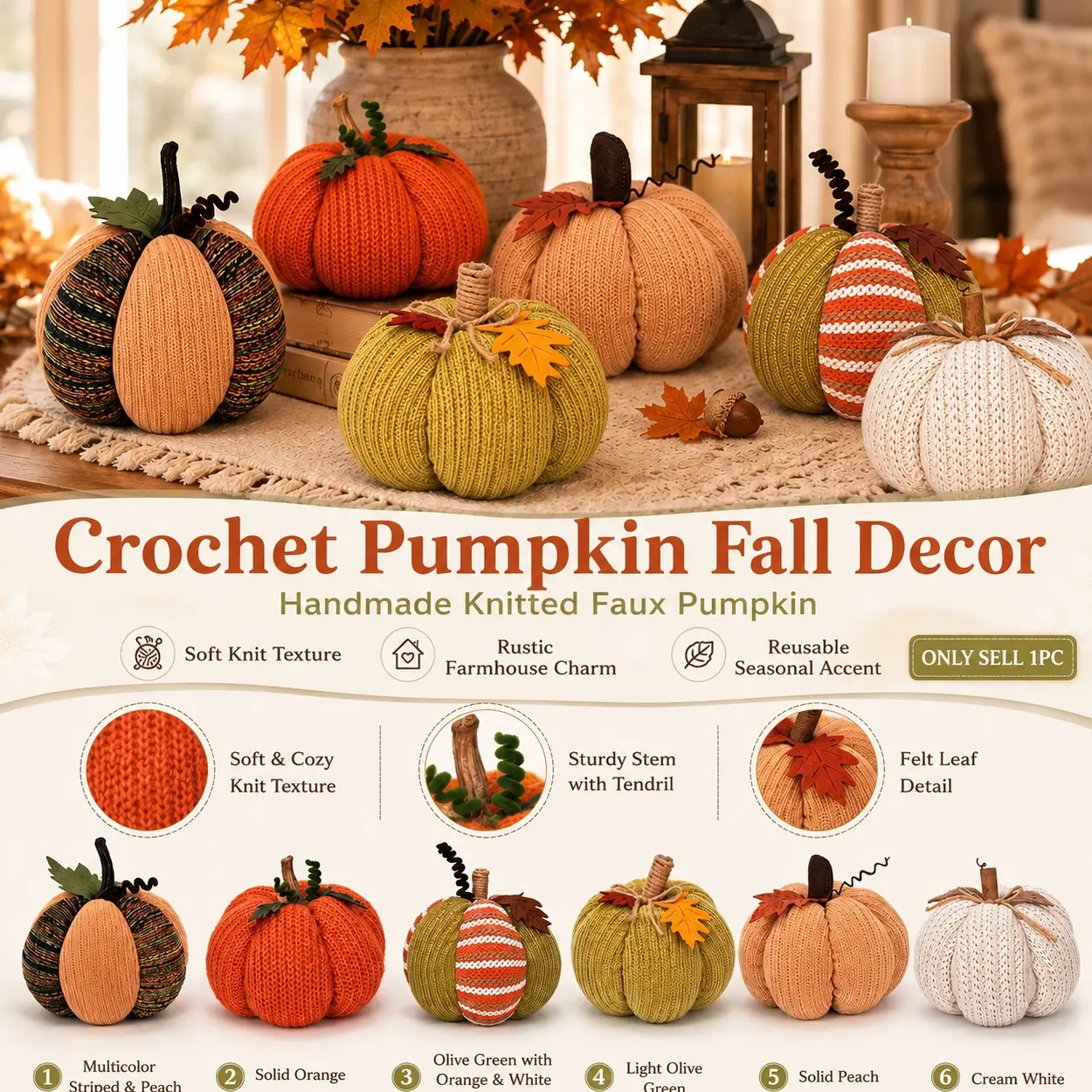 Handmade Crochet Pumpkin Decorations, Soft Knitted Faux Fall Pumpkins for Thanksgiving Harvest Festival and Halloween Home Decor, Rustic Farmhouse Style Pumpkin Ornaments for Table Centerpiece, Fireplace Mantel, Kitchen Counter, Wedding Party