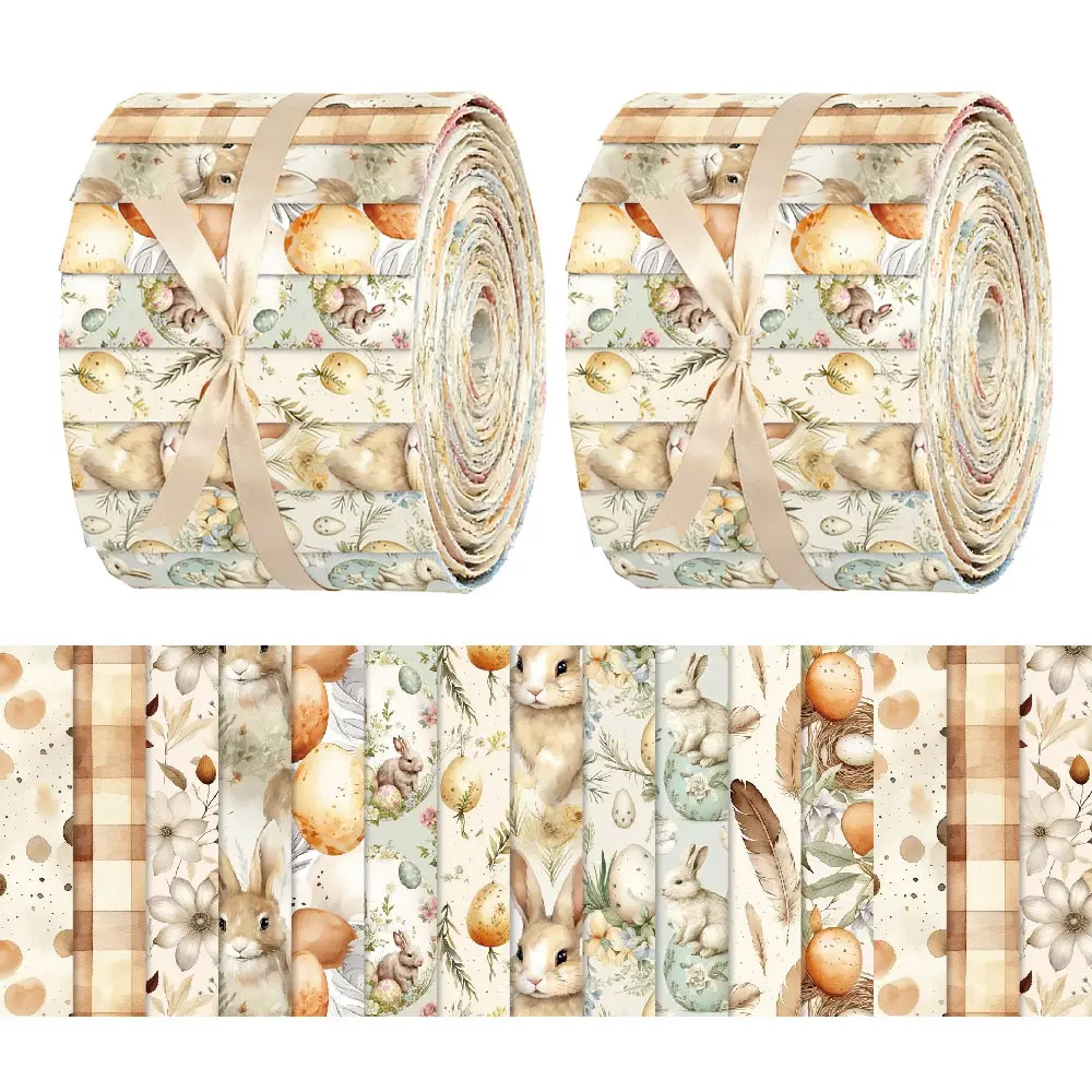 40PCS Easter Bunny Precut Fabric Strips, 2.55x19.7 Inch Spring Floral Quilting Fabric Bundle for DIY Sewing, Patchwork Crafts & Holiday Decor