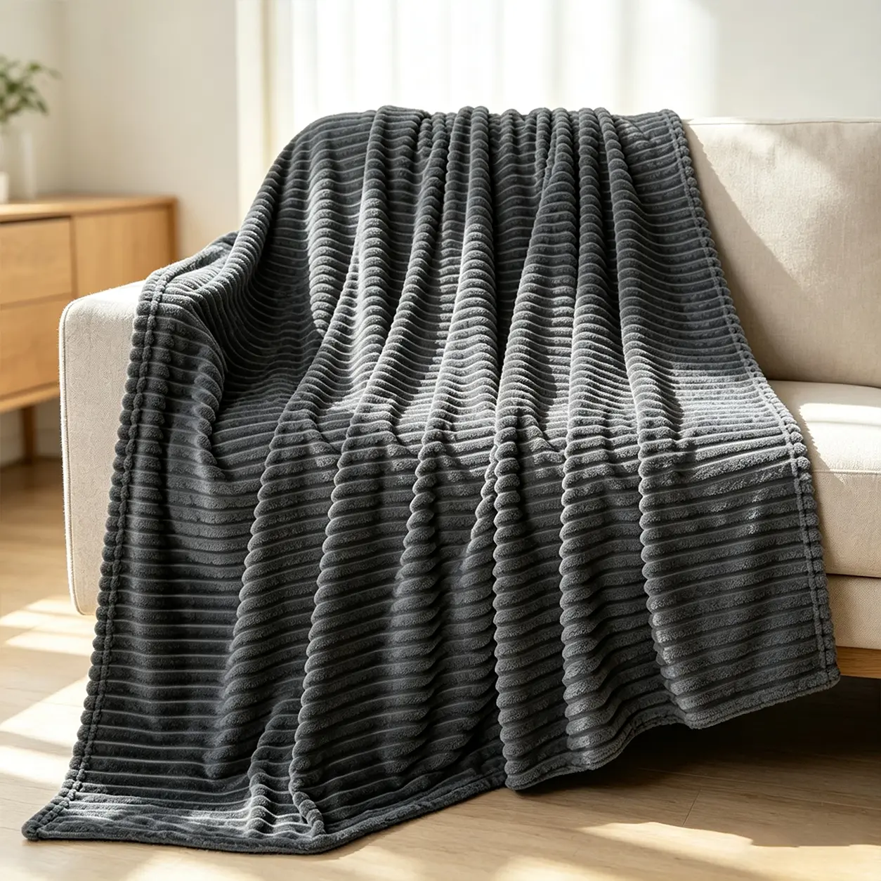 Vertical Channel Textured Plush Throw Blanket, Soft Gentle Warm Fluffy Fabric, Easy Washable Layer, Machine Washable Blanket for Sofa Naps, Bedroom Layering, Office Rest & Holiday Gift