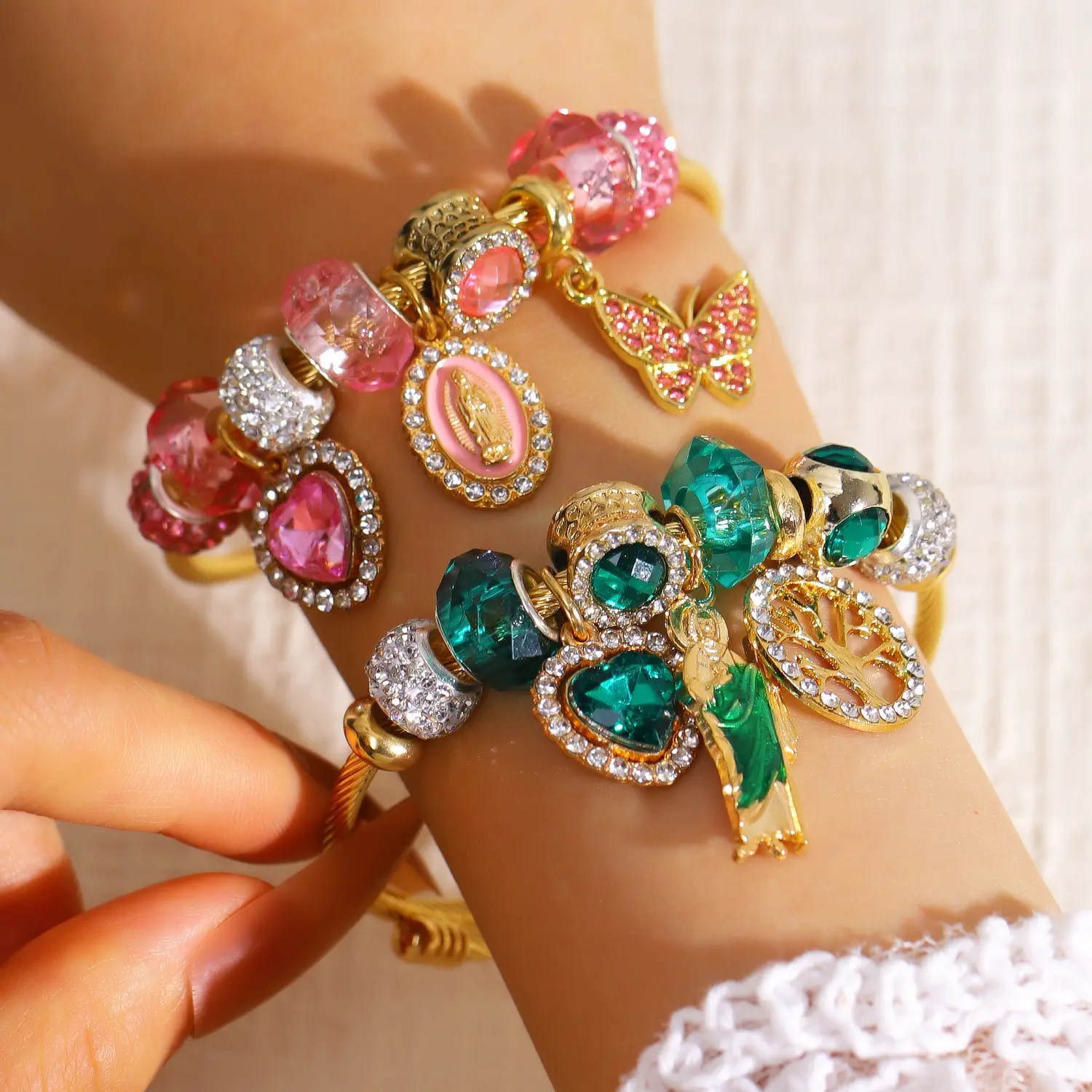 Maximalist Charm Bangle Bracelet Y2K Aesthetic Rhinestone Crystal Beaded Jewelry Stacking Wristband Colorful Bohemian Gift for Women