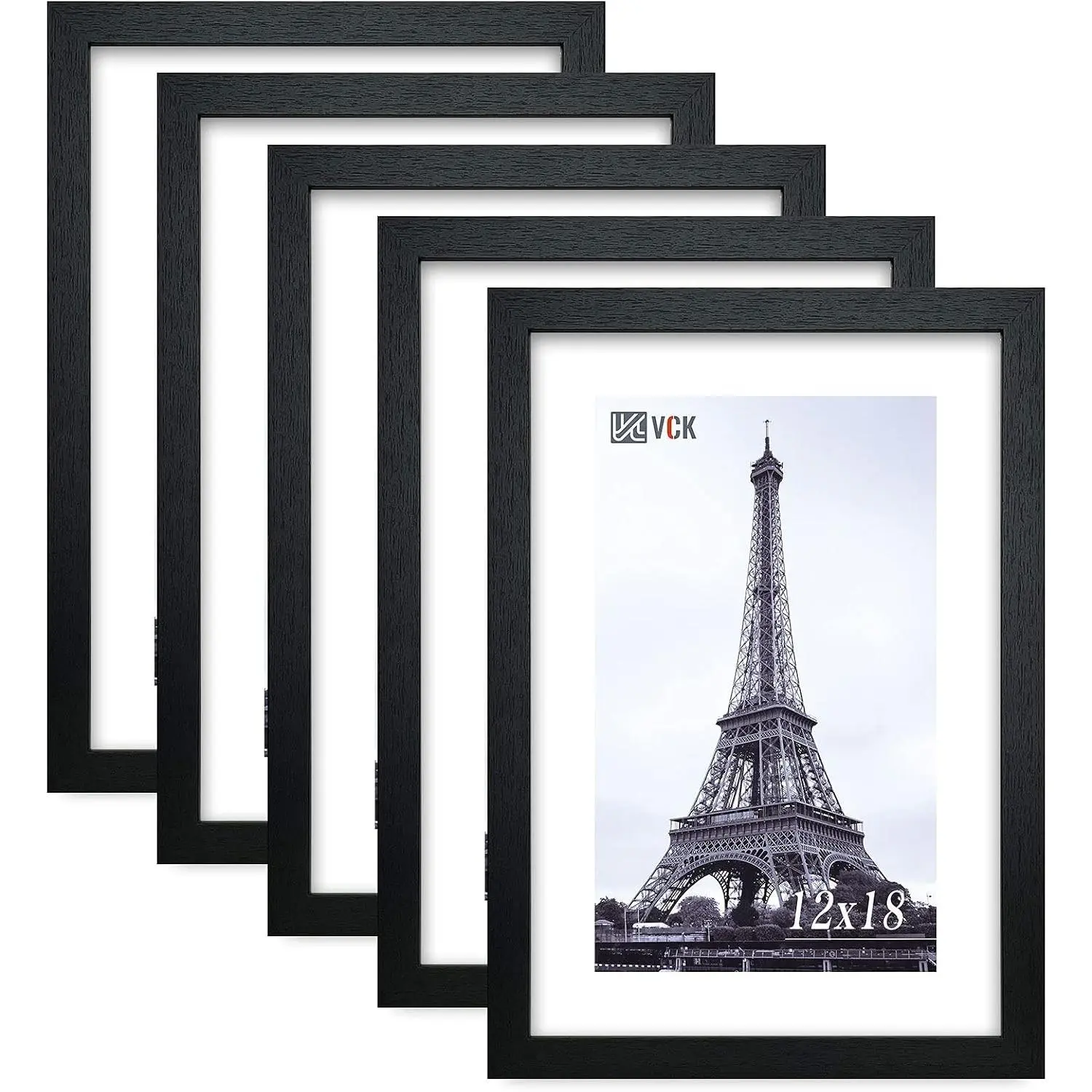 VCK 12x18 Frame 5 Pack, High-End Black Wood, for Poster Artwork | 1.1in Wide Thick Border, Wall Hanging, Polished Plexiglass, Vertical/Horizontal, for Print, Gallery Wall, Home, Office Decor