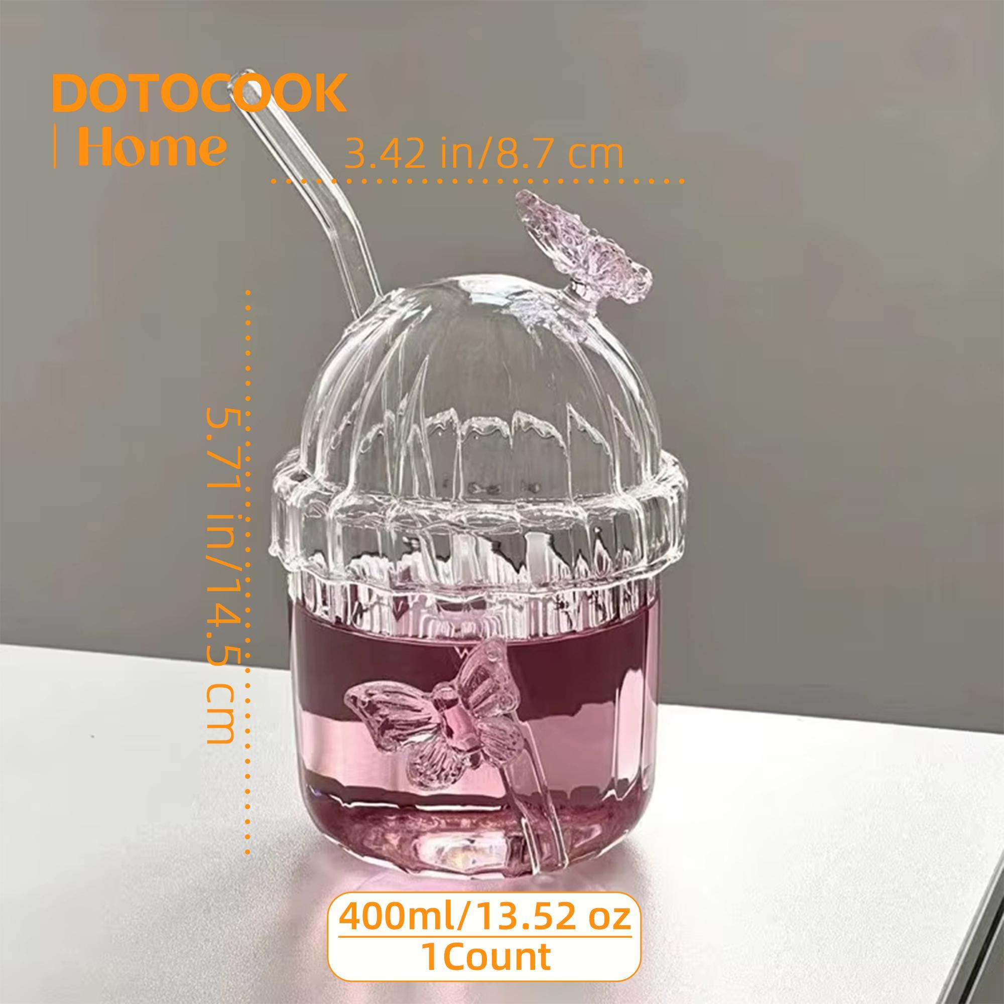 DOTOCOOK 1/2 Counts Pink 3D Butterfly Glass Bottle Tumbler with Lid & Straw – Heat-Resistant Cup for Iced Coffee, Bubble Tea & Cocktails, Perfect for Valentine’s Day, Bridal Showers & Birthday Parties, Home/Office/Outdoor Use, Drinkware
