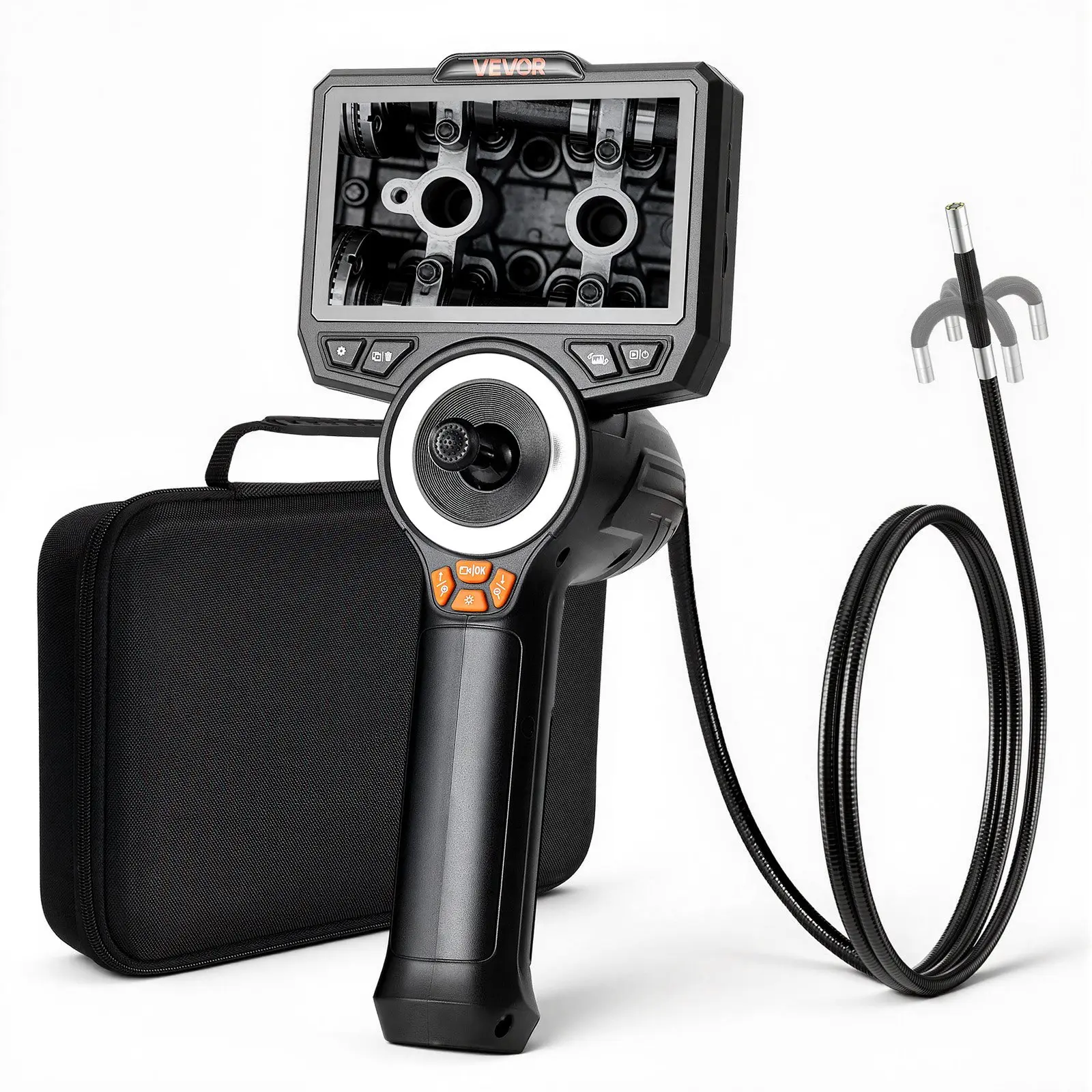 VEVOR Articulating Endoscope with Light, 4-Way 360° Articulation, 0.24" Slim Lens 1920x1080, 4.5 Inch HD IPS Screen, 8X Zoom, 6 Adjustable LEDs, 180° Rotation, 4.9FT Snake Cable Inspection Camera with SD Card for Auto, Mechanical Equipment, Mechanic