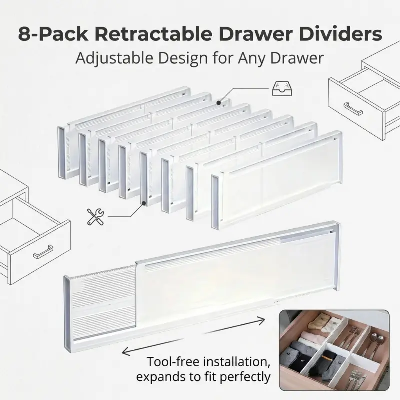 8-Pack Adjustable Retractable Drawer Dividers - Tool-Free Installation, Expandable Organizers for Dresser, Kitchen & Bedroom