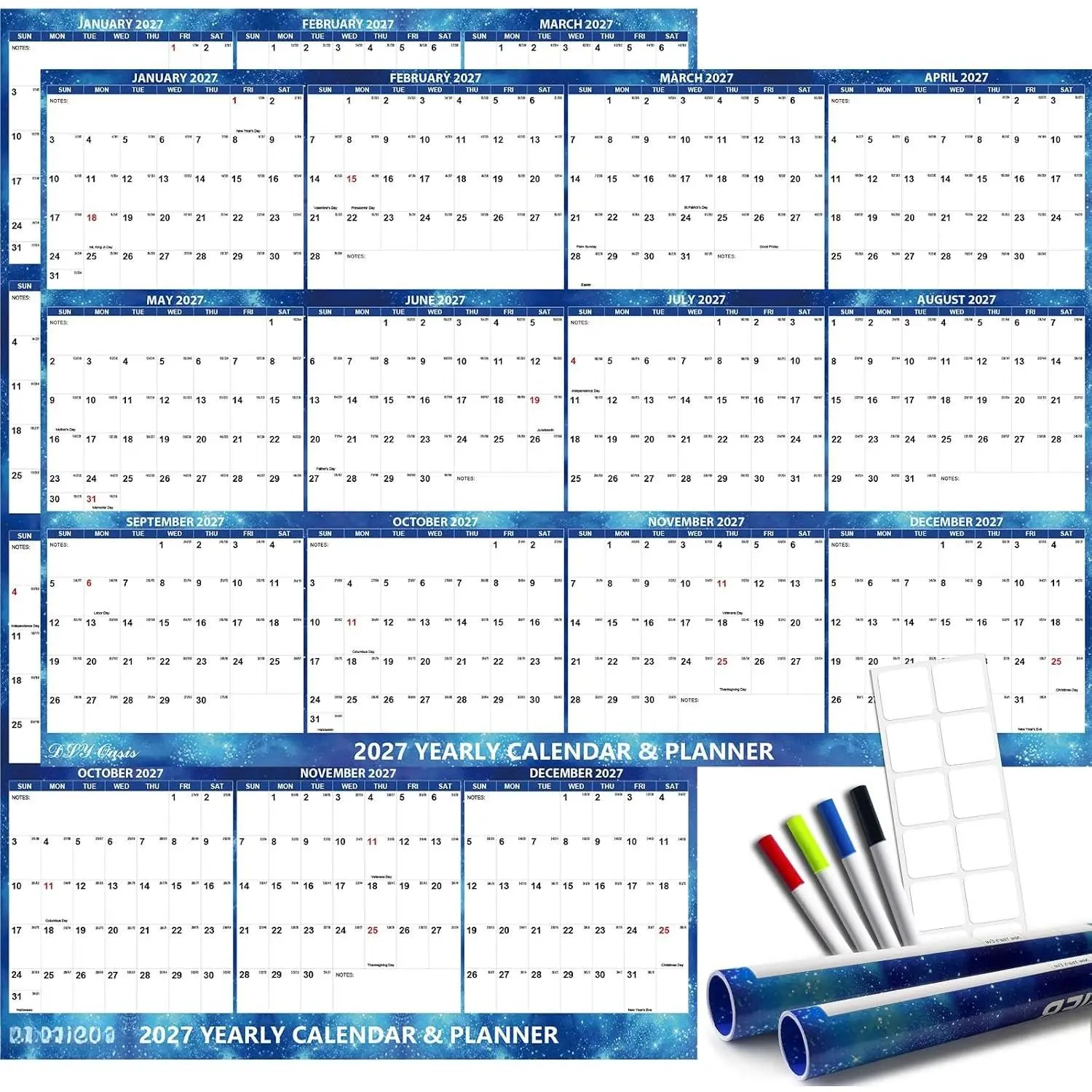 32"x48" 2027 Rolled Sky Wall Calendar - Laminated Paper, Wet & Dry Erasable, Reversible, Horizontal/Vertical, Blue, Full-Year Plan, High Readability, Large Text, Home & Office 12-Month Dry Erase Planner