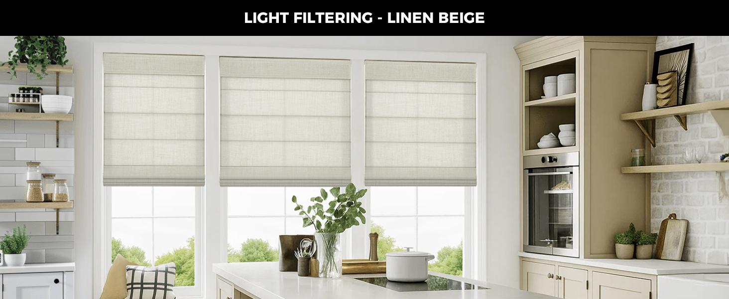 No Drill Cordless Roman Shades for Windows, 20" W * 64" H - 100% Blackout - Linen - Beige