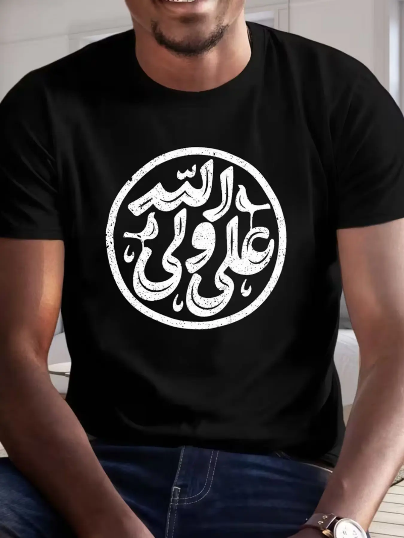 Vintage Colorful Persian Traditional Vessels Swords Illustration Round Neck Half Sleeve, Arabic Unique Ethnic Style Casual Drop Shoulder Top