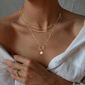14K Gold Plated Layered Necklace Set, Stackable Choker for Women - Trendy Cuban Chain, Pearl Cross Pendant, Herringbone & Paperclip Chains| Adjustable Minimalist Jewelry Gift for Valentine's/Birthday/Graduation